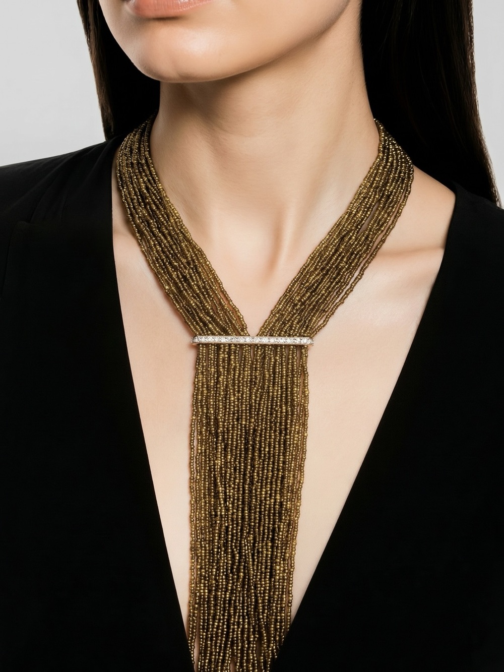 Multi-Strand Gold Seed Bead Statement Necklace with Rhinestone Slide